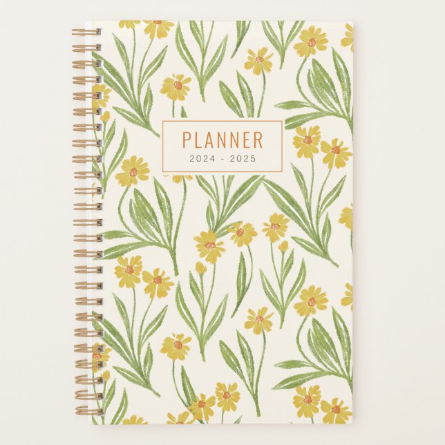 Illustrated Pretty Yellow Wildflower Pattern Planner (Front)