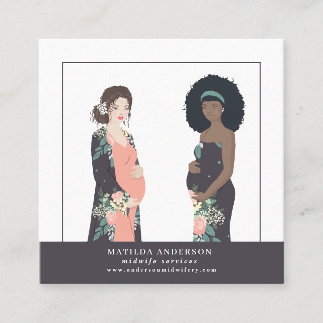 Illustrated prgenant mum colourful + floral square business card (Front)