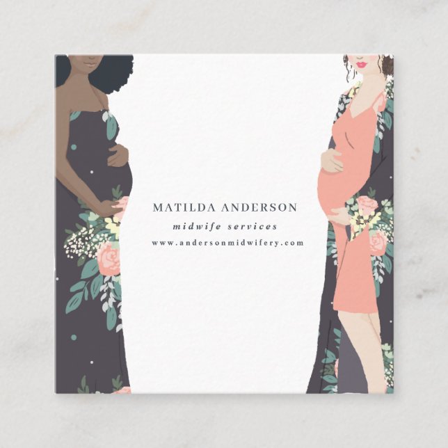 Illustrated prgenant mum colourful + floral square business card (Front)