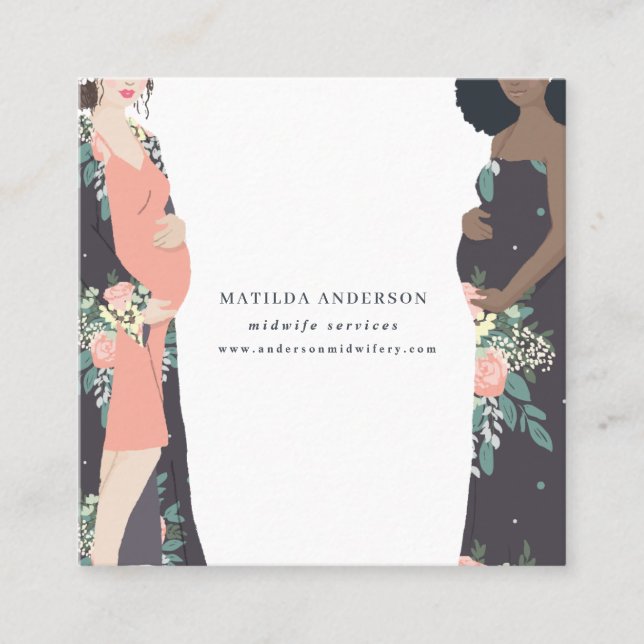 Illustrated prgenant mum colourful + floral square business card (Front)