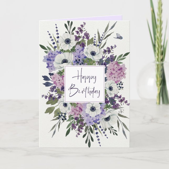 Illustrated purple mauve watercolor floral card (Front)