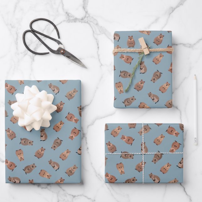 Illustrated Quokkas on Light Gray-Blue Wrapping Paper Sheet (Front)