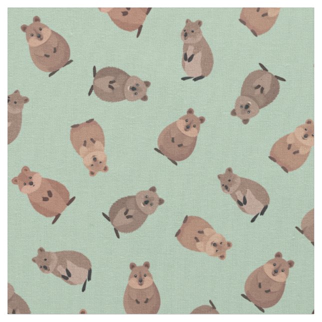 Illustrated Quokkas on Light Green Fabric (Close Up)