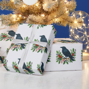Illustrated Raven Holly Berries Christmas Wrapping Paper