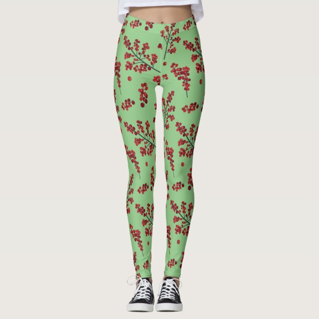 Illustrated Red Holly Berries Leggings (Front)