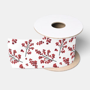 Illustrated Red Holly Berries Satin Ribbon