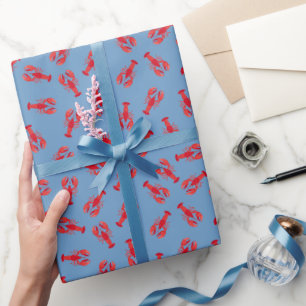 Illustrated Red Lobsters on Blue Wrapping Paper