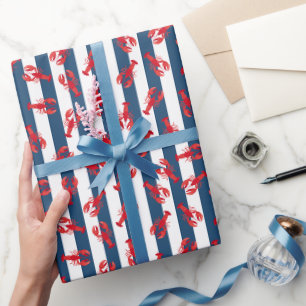 Illustrated Red Lobsters on Dark Blue Stripes Wrapping Paper