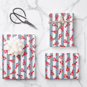 Illustrated Red Lobsters on Light Gray-Blue Stripe Wrapping Paper Sheet