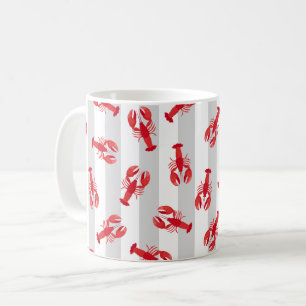 Illustrated Red Lobsters on Light Gray Stripes Coffee Mug