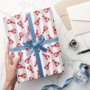 Illustrated Red Lobsters on Light Gray Stripes Wrapping Paper