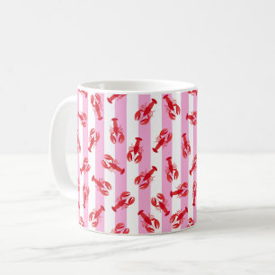 Illustrated Red Lobsters on Pink Stripes Coffee Mug