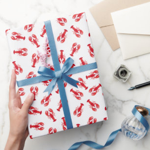 Illustrated Red Lobsters on White Wrapping Paper