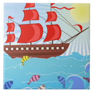 Illustrated Red Pirate Ship Tile
