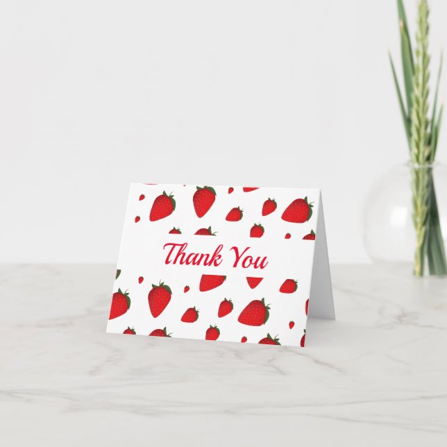 Illustrated Red Strawberry Fruit Food Pattern Thank You Card (Front)