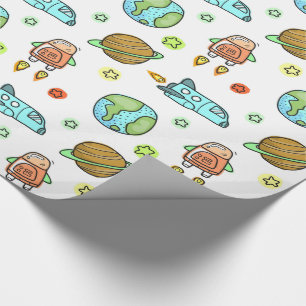 Illustrated Rockets in Space Pattern Kids Wrapping Paper