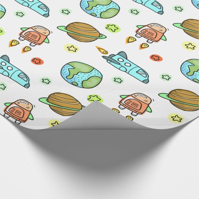Illustrated Rockets in Space Pattern Kids Wrapping Paper (Corner)