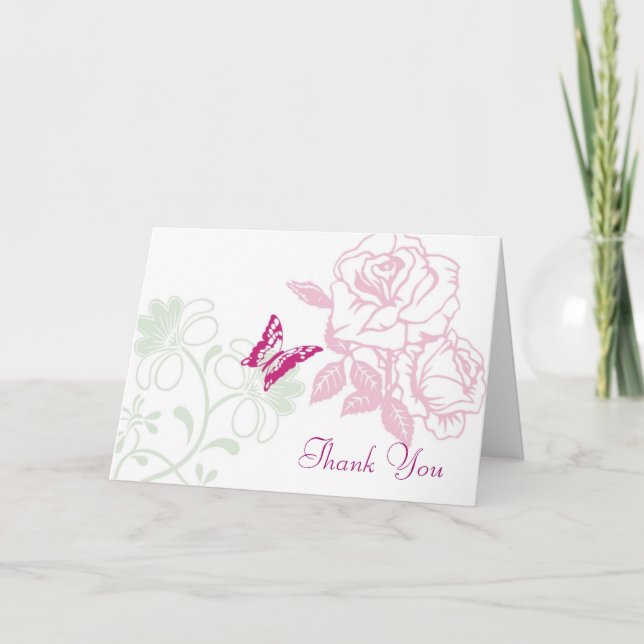 Illustrated Roses & Butterfly Garden Wedding Thank You Card (Front)