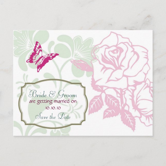 Illustrated Roses & Butterfly Spring Save the Date Announcement Postcard (Front)
