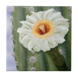 Illustrated Saguaro Cactus White Flower Tile