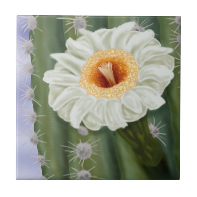 Illustrated Saguaro Cactus White Flower Tile (Front)