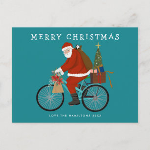 Illustrated Santa Riding a Bicycle Custom Colour Holiday Postcard