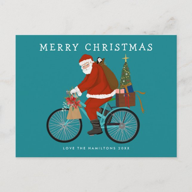 Illustrated Santa Riding a Bicycle Custom Colour Holiday Postcard (Front)