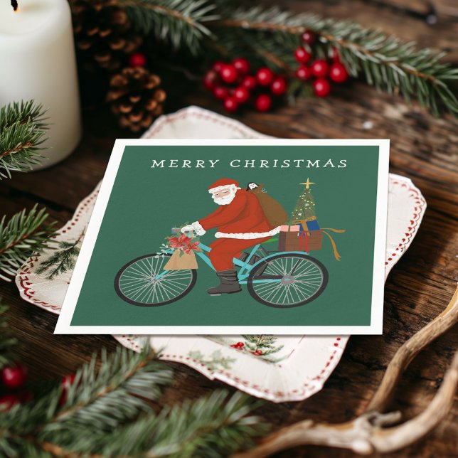 Illustrated Santa Riding a Bicycle Custom Colour Napkin (Creator Uploaded)