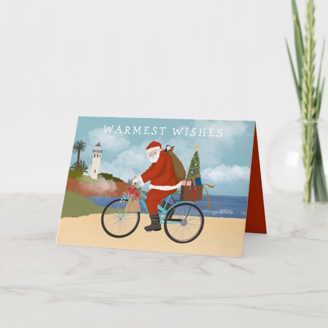 Illustrated Santa Riding a Bicycle Summer Holiday Card (Front)