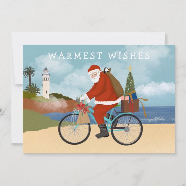 Illustrated Santa Riding a Bicycle Summer Holiday Card (Front)