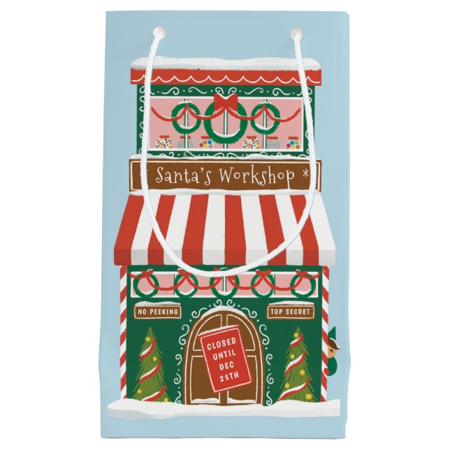 Illustrated Santa’s Workshop Christmas Small Gift Bag (Front)