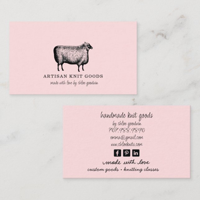 Illustrated Sheep Knitting Pink Business Business Card (Front/Back)