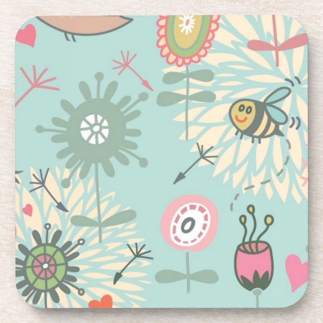 Illustrated Spring Flowers and Bees Coaster (Front)