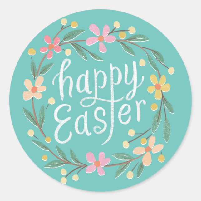 Illustrated Spring Wreath Lettering Happy Easter Classic Round Sticker (Front)