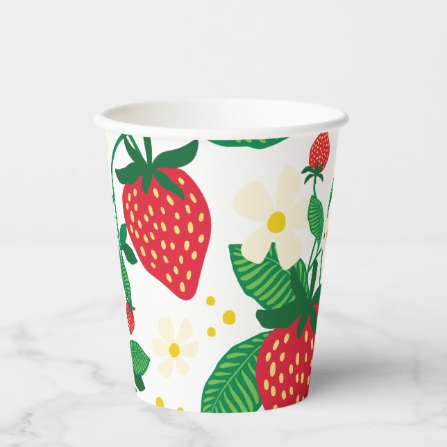 Illustrated Strawberry with Leaves and Blossoms Paper Cups (Front)