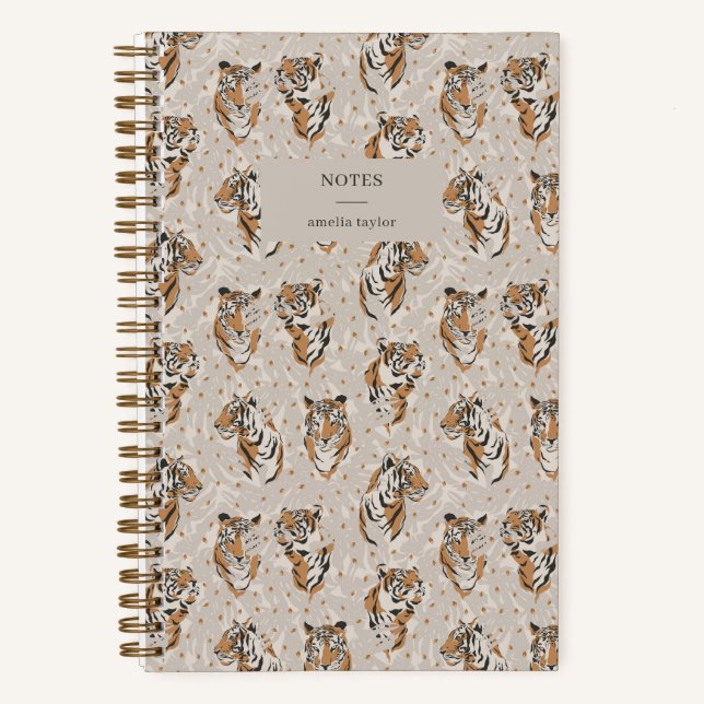 Illustrated Tiger Pattern Personalised Name Notes Notebook (Front)