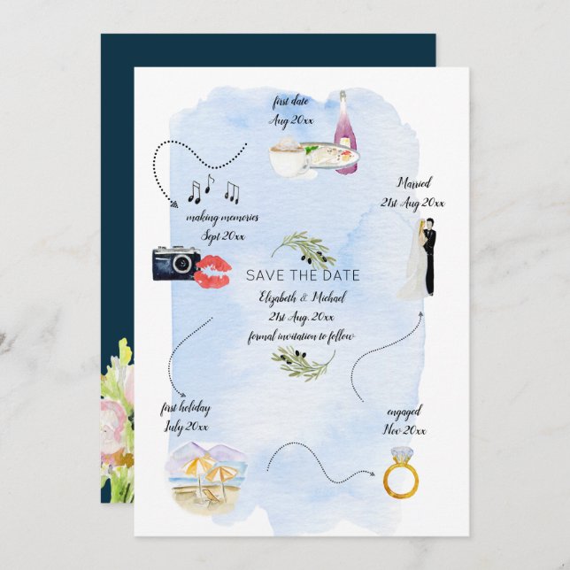 Illustrated Timeline of how we met Save The Date Invitation (Front/Back)