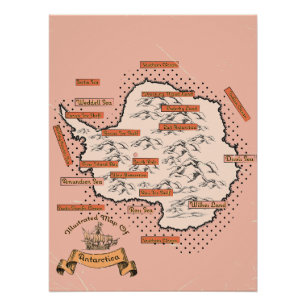 Illustrated Travel map Antarctica Poster