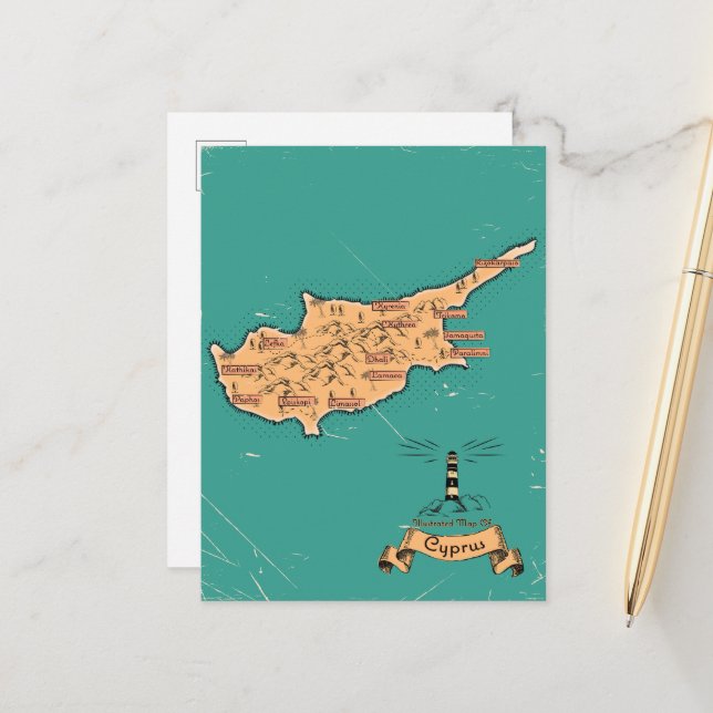 Illustrated Travel map Cyprus Announcement Postcard (Front/Back In Situ)