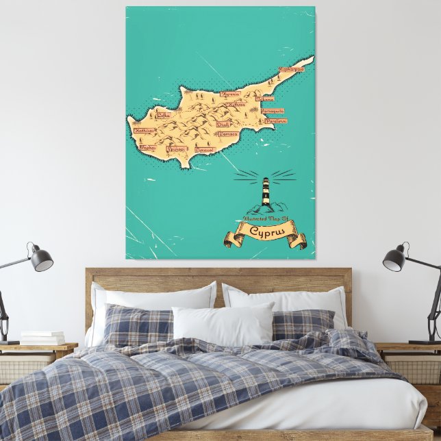 Illustrated Travel map Cyprus Canvas Print (Insitu(Bedroom))