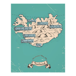 Illustrated Travel map Iceland Photo Print