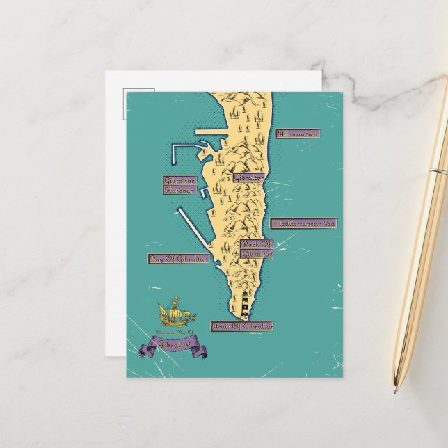 Illustrated Travel map Of Gibraltar Announcement Postcard (Front/Back In Situ)