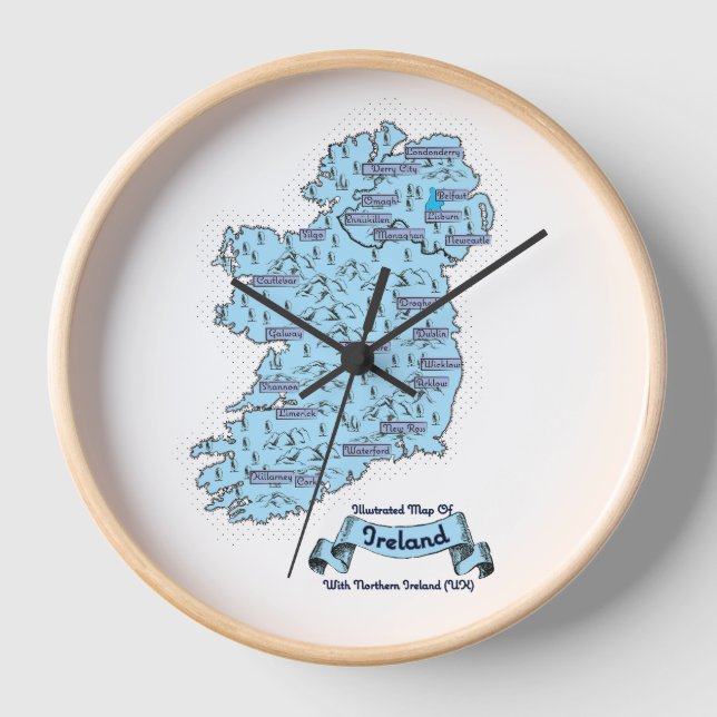 Illustrated Travel map of Ireland Clock (Front)