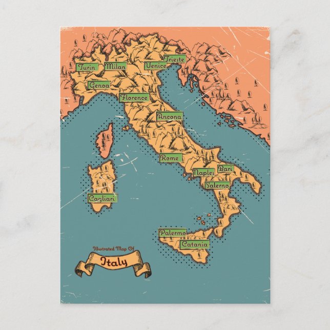 Illustrated Travel map Of Italy Announcement Postcard (Front)