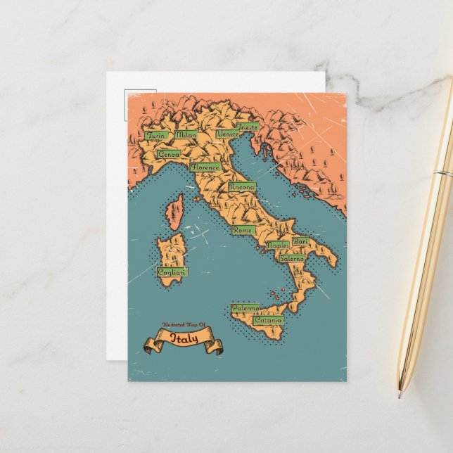 Illustrated Travel map Of Italy Announcement Postcard (Front/Back In Situ)