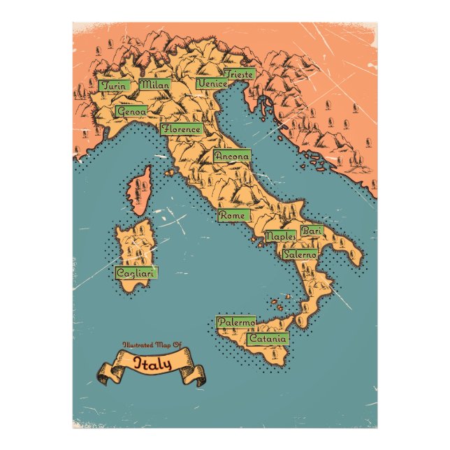 Illustrated Travel map Of Italy Photo Print (Front)