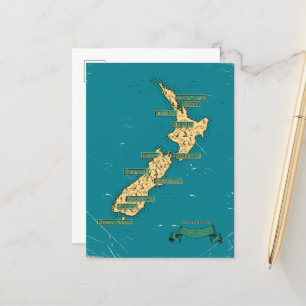 Illustrated Travel map Of New Zealand Announcement Postcard