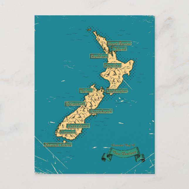 Illustrated Travel map Of New Zealand Announcement Postcard (Front)