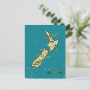 Illustrated Travel map Of New Zealand Invitation Postcard
