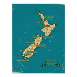 Illustrated Travel map Of New Zealand Poster